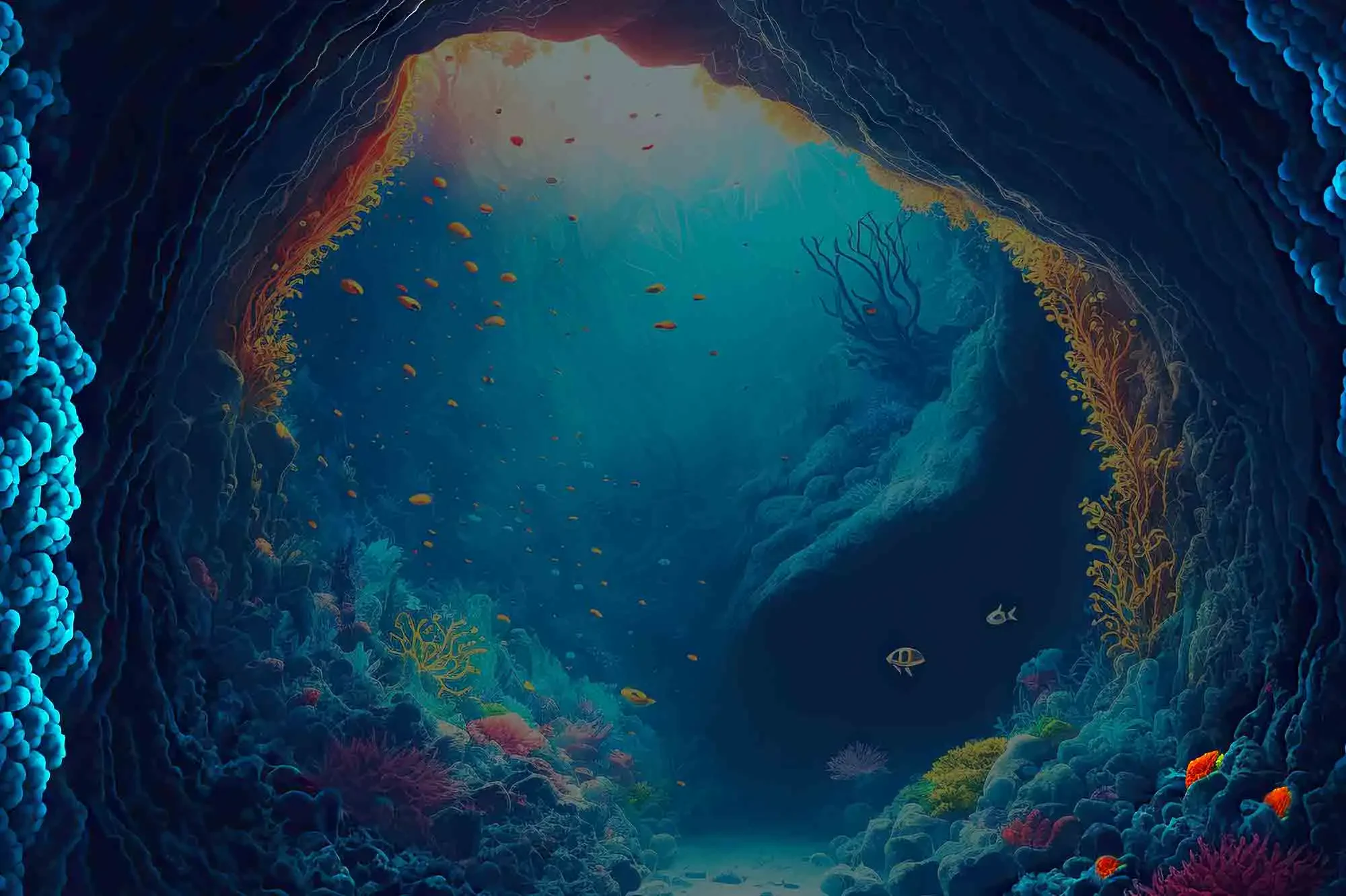 A vibrant underwater cavern filled with colorful corals, fish, and swirling light filtering through the surface above.